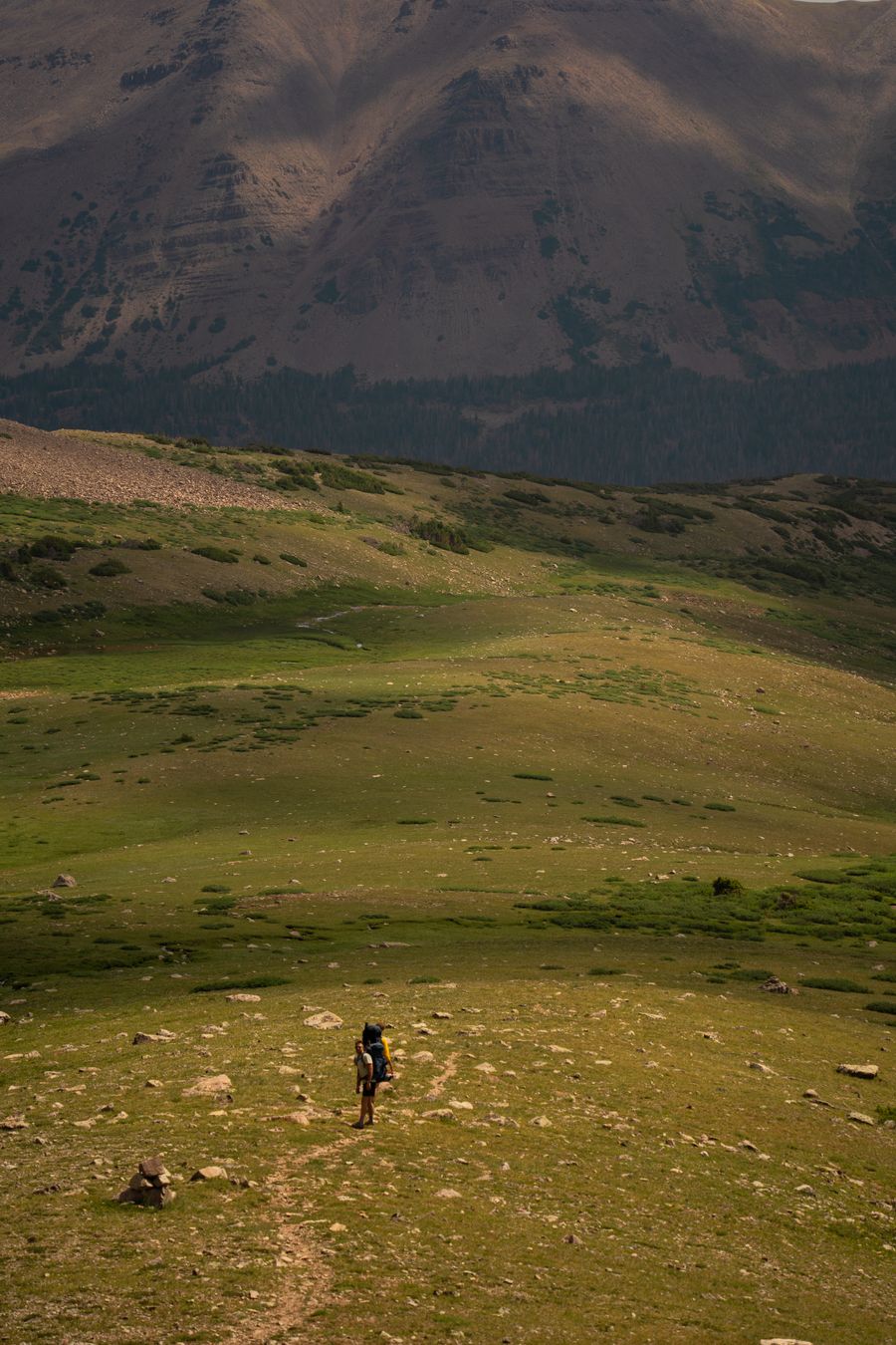 a person walking on a trail in the mountains