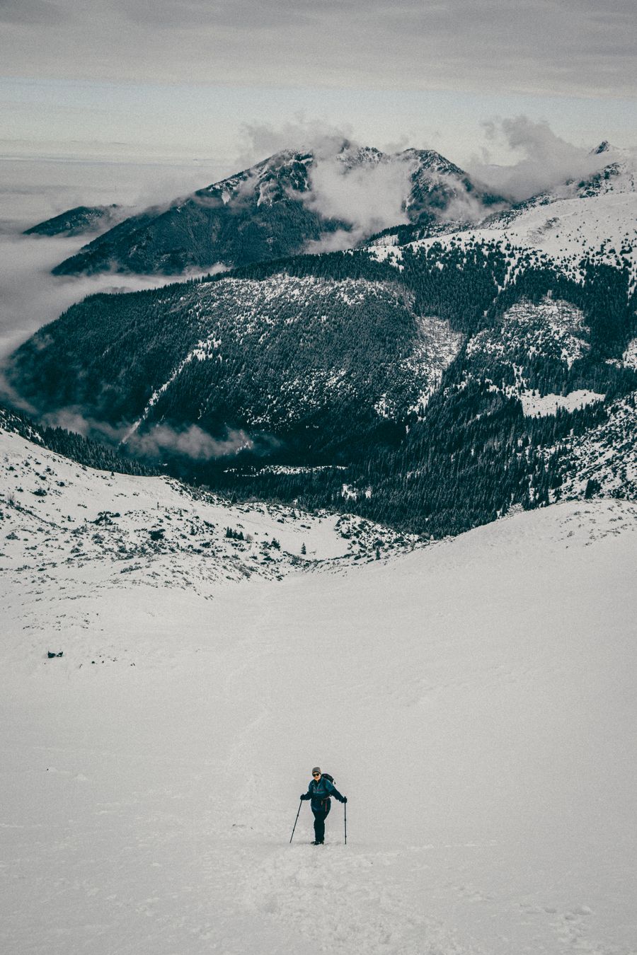 hiker trekking through snowy mountain landscape — The capability matrix lists everything Low-Data Alert does — no asterisks.